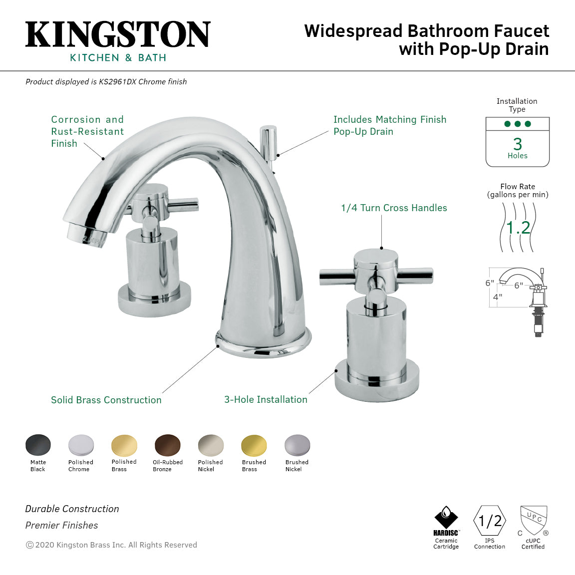Kingston Tulare KS2962DX - Concord Two-Handle 3-Hole Deck Mount Widespread Bathroom Faucet with Brass Pop-Up, Polished Brass — thumbnail 3